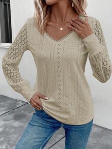 EMERY ROSE Casual Solid Color Lace Patchwork Long Sleeve T-Shirt, Autumn - Apricot - View 6