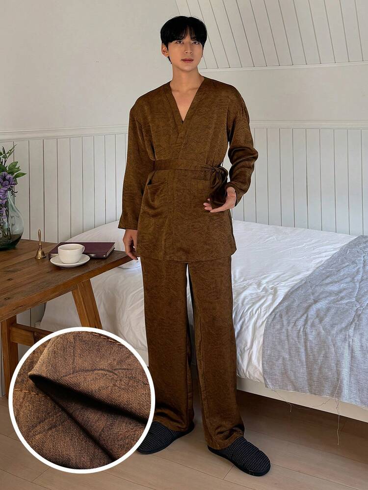 Men's Long Shirt & Loungewear Set With Dark Gold Accents, Autumn