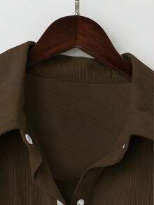 EMERY ROSE Plus Size Women's Drop Shoulder Long Sleeve Striped Single-Breasted Corduroy Casual Shirt - Mocha Brown - View 7