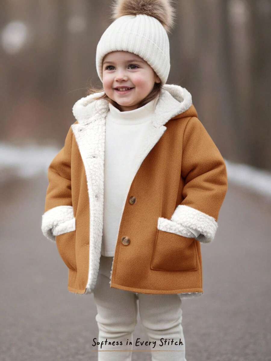 Cozy Pixies Chaqueta con capucha de contraste de manga larga forrada térmicamente de gamuza para bebé niña, casual y versátil en otoño/invierno - Caqui - Ver 1