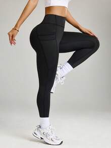 Dewbera Damskie legginsy do jogi/na zewnątrz/na siłownię z podwójnymi kieszeniami - Czarne - Zobacz 6