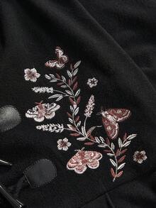 ROMWE EDITION 哥特式荆棘丛林花卉蝴蝶刺绣不对称下摆修身毛领纽扣长款黑色外套，花卉蝴蝶刺绣加大码黑色长款外套 - 黑色 - 查看 3