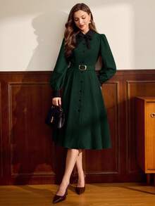 Vintamour 复古优雅女士连衣裙，带口袋腰带，撞色拼接蝴蝶结纽扣，休闲通勤度假长裙 - 墨綠色 - 查看 2