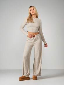 MISSGUIDED 罗纹针织短款上衣，正面纽扣设计，长袖休闲上衣，舒适百搭 - 杏色 - 查看 3