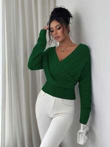 SHEIN Elenzya 女士纯色简约长袖V领露背毛衣，日常穿着 - 綠色 - 查看 7