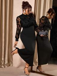 Cravure Damen Große Größen Kleid mit Blumendekoration, Stehkragen, Langarm, elegant tailliert