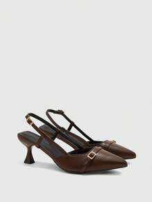 CUCCOO BIZCHIC 女士尖头小猫跟棕色踝带高跟鞋，百搭日常和工作穿着高跟鞋，带后绑带 - 棕色 - 查看 7