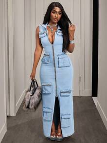 Slaydiva Casual Sleeveless Front Zipper Pocket Denim Dress For Women - Blue - View 6