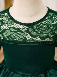 Elegant & Cute Dark Green Floral Lace Pattern Dress - Dark Green - View 4