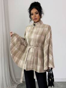 Elenzga Women's Apricot Wool Blend Stand Collar Button Decor Loose Waist Belt Design Elegant Street Style Travel Atmosphere Winter New Versatile Fashion Luxury Plaid Jacket - Multicolor - View 5