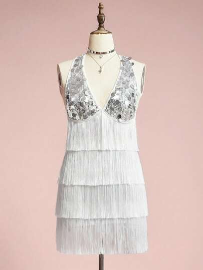 ROMWE Avant Women's Y2K Sexy Party Sequin Patchwork Halter Multilayer Tassel Hem Silver Mini Dress