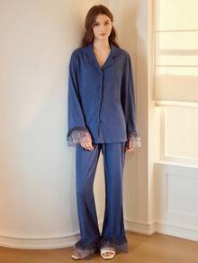 MOTF PREMIUM WOMEN'S SPRING/AUTUMN PATCHWORK SHEER MESH RUFFLE SLEEVE TEXTURED FABRIC LAPEL COLLAR LONG SLEEVE TOP AND FLARE LEG PANTS PAJAMA SET - Blue - View 6