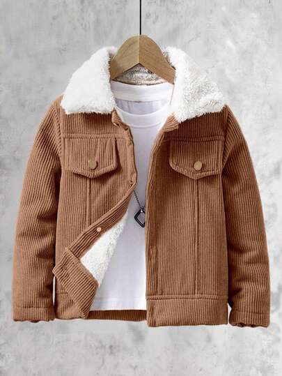 SHEIN Vacaura Boys' Warm Casual Long Sleeve Fleece Cardigan Jacket, Suitable For Outdoor Wear