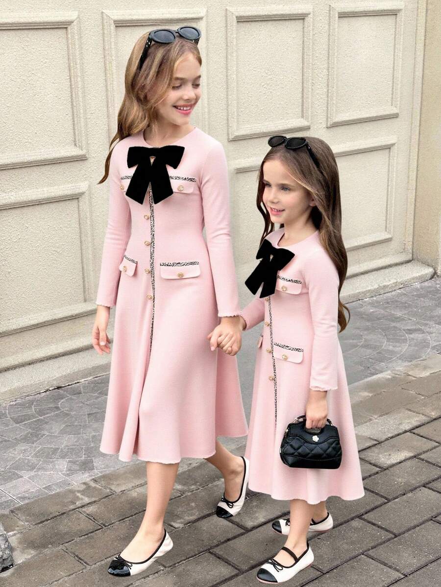 SHEIN Serisse Kids 少女优雅缎带拼接蝴蝶结装饰长袖长款连衣裙，冬季连衣裙，圣诞连衣裙，优雅连衣裙 - 粉色 - 查看 1