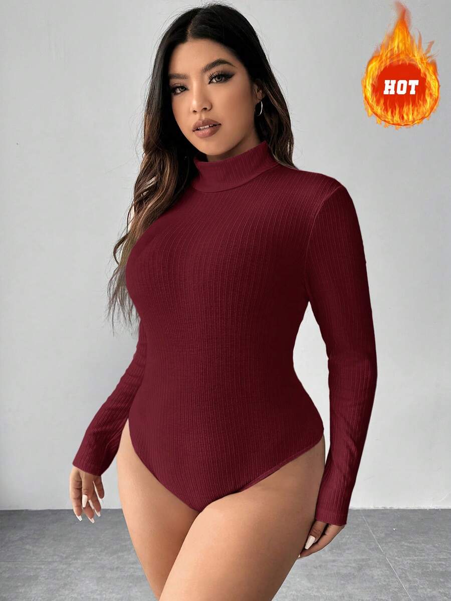 SHEIN EZwear Bộ đồ liền thân dài tay cổ trụ màu đỏ rượu vang cỡ lớn dành cho nữ - Màu Đỏ Sâu - Xem 1