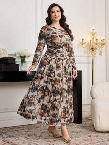 Modelyn Plus Size Women's Oblique Collar Long Sleeve Ruffle Bowknot A-Line Waist Tie Belted Slim Fit Casual Elegant Maxi Dress, Suitable For Office, Airport, Commute, Family Gathering, Party, Business Attire - Multicolor - View 5