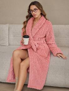 HautHeat 女士纯色蓬松保暖浴袍 - 粉色 - 查看 1