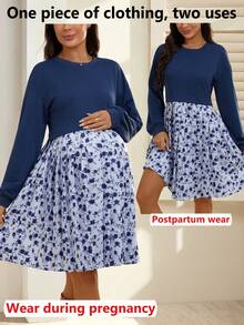 SHEIN Printed Patchwork Casual Loose Fit Maternity Dress, Short Length, Long Sleeve, Round Neck - Royal Blue - View 1
