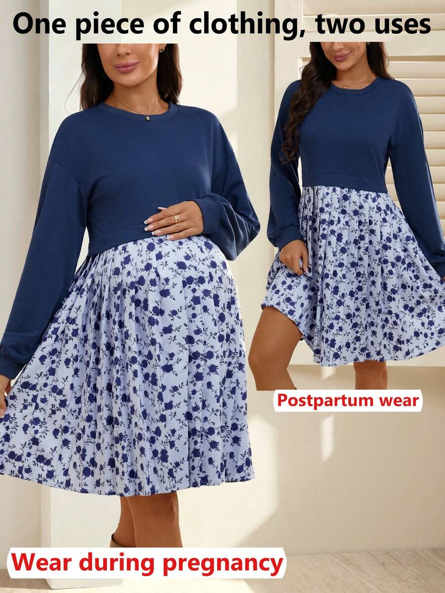 SHEIN Printed Patchwork Casual Loose Fit Maternity Dress, Short Length, Long Sleeve, Round Neck - Royal Blue - View 1