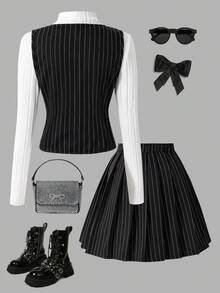 三件套女童学院风正式套装 | 黑白竖条纹图案 | 无袖纽扣背心 + 长袖罗纹高领上衣 + 百褶A字迷你裙 | 轻盈透气面料 | 时尚协调的校服套装 | 适合学术活动、演出和日常休闲穿着 | 春秋季百搭儿童衣橱套装 - 黑色 - 查看 7