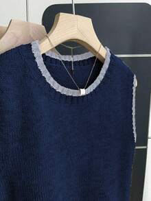 Franclia 女士休闲宽松圆领无袖针织撞色滚边卡其色毛衣上衣，春秋季 - 彩色 - 查看 3