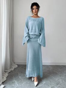 Elenzga 女士秋冬休闲复古镂空花卉针织衫套装，百搭单品，适合度假、独立日、劳动节、哥伦布日、感恩节、情人节、街头风、优雅工作/上学穿着 - 淺藍色 - 查看 3