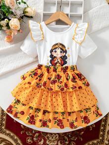 Girls'Gold Floral Abaya Kaftan Jalabiya Middle Eastern Muslim Traditional Dress,Udan Rose Ditsy Floral,Ruffle Trim,Summer - Multicolor - View 5