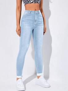 Flexra Spring High Waist Slant Pocket Ripped Skinny Jeans - Light Wash - View 5