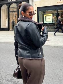 NegzBox 女式黑色 PU 皮革复合仿兔毛领夹克 - 黑色 - 查看 2