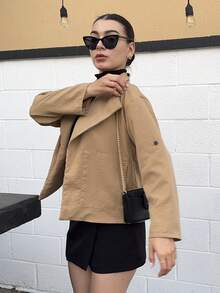 Andrea Bello 女士休闲通勤短款夹克，独特设计复古翻领风衣轻薄外套 - 卡其色 - 查看 3