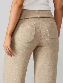 MISSGUIDED Cozy Knitted Wide Leg Trousers High Waisted Casual Lounge Pants Autumn Winter Comfort - Khaki - View 6