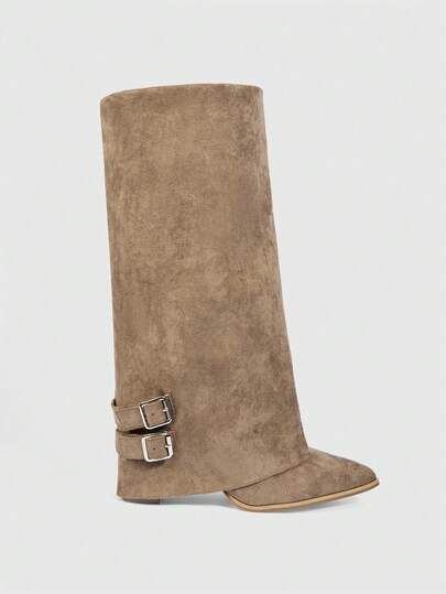 MUSERA 及膝搭扣细节翻边尖头高跟靴，可爱西部风少女日常外出春夏配饰