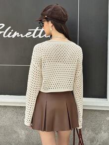 SHEIN Teen Girls' Hollow Out Knit Flare Sleeve Sweater White Textured Knit Sweater Tween Girl Sweater Girls White Sweater Kids White Knit Sweater Teen White Sweater