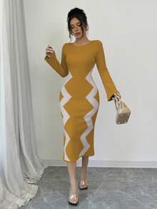 Elenzga 女士优雅个性撞色锯齿纹修身针织连衣裙，秋冬款 - 黃色 - 查看 6