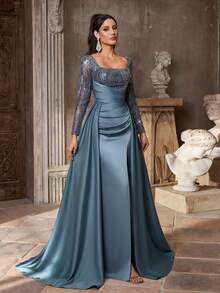 Aureia Elegantes, luxuriöses Meerjungfrauenkleid im Maxilänge mit Blumen, Perlen und Pailletten, durchsichtige lange Ärmel und ausgestellter Saum, geeignet für Hochzeiten, Partys, Urlaub, Galas, formelle Anlässe (starke Verzierung) - blauer See - Übersicht 6