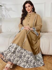Lacomfia Plus Size Casual Printed Patchwork Long Sleeve Loose Fit Dress, Spring/Autumn Fall - Khaki - View 1