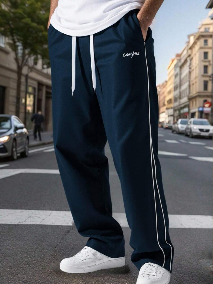 Pantalón de hombre con diseño de monograma, pantalón casual apto para salir - Negro, - Ver 1