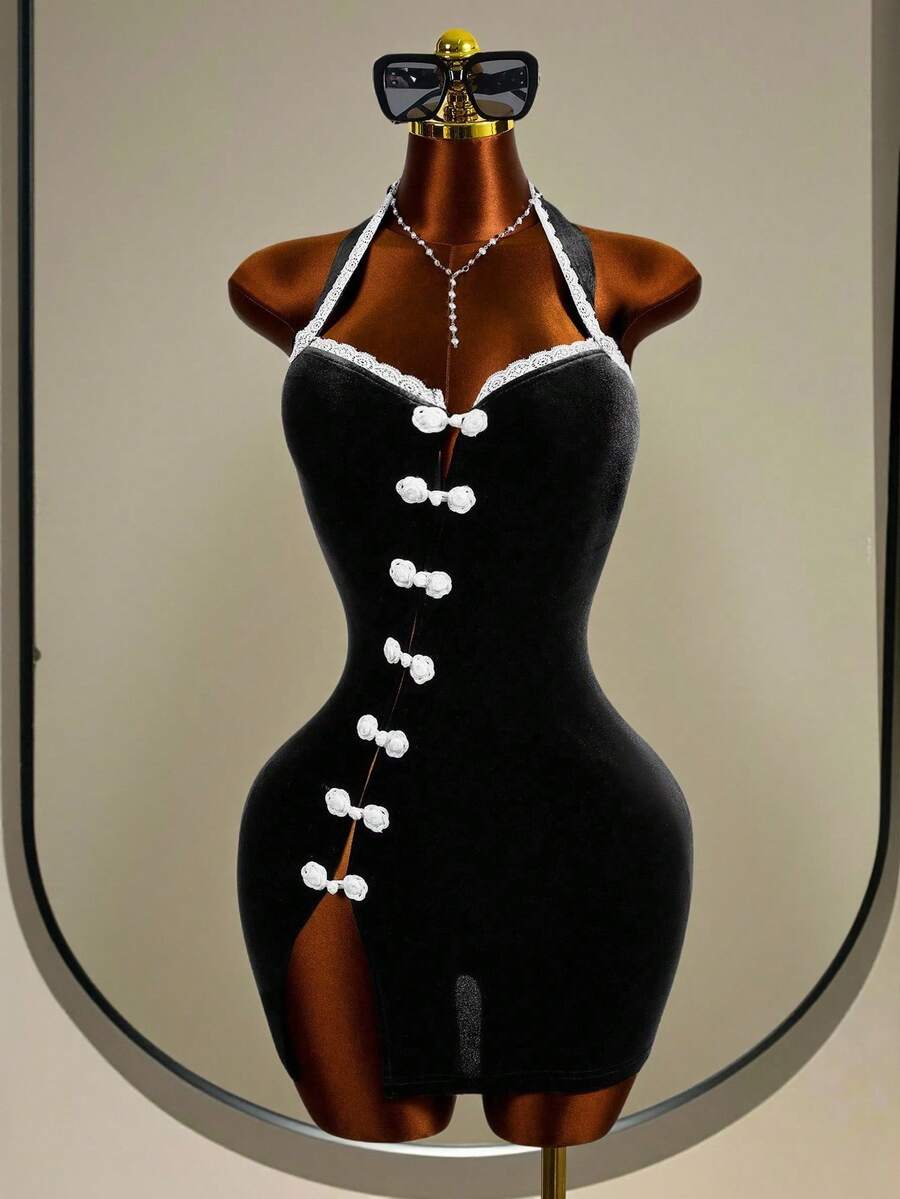 Mistrie 女士新款性感无袖露背吊带旗袍，露背设计，性感夜店风，无袖，露背，开衩，短裙，高腰，凸显腰部曲线，紧身连衣裙 - 黑色 - 查看 1