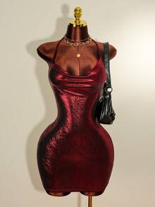 EgrlEra 垂领露背性感派对迷你连衣裙 - 酒紅色 - 查看 5