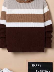 SHEIN Boys' Oversized Striped Hooded Pullover Sweater - Brown - View 5