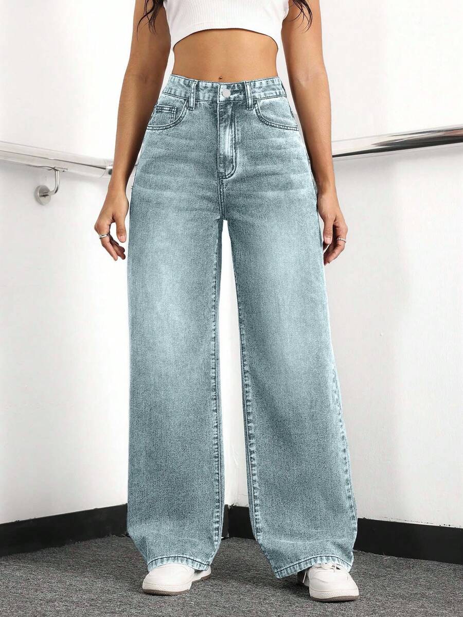EURMUSE Women's Loose Fit Casual Denim Jeans With Side Pockets And Wide-Leg Design - Light Wash - View 1