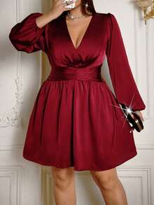 Roveilla Plus Size Women's Elegant Casual Chiffon Dress With Tie Waist, Suitable For Commute, Vacation, Afternoon Tea, Christmas Party, Solid Brown Color, Long Sleeve Dark Red Dress Burgundy Dress Red Satin Dress Long Sleeve Elegant Dress Red Wine Dress Party Red - Burgundy - View 6