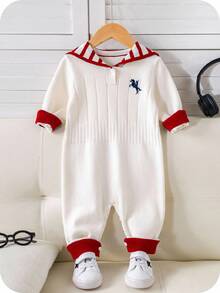 SHEIN Unisex Baby Cute Navy Striped Long Sleeve Sweater Romper, Autumn/Winter - Red - View 5