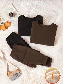 SHEIN Genkimix Kids 男童两件套柔软抓绒长袖上衣和裤子内衣套装 - 彩色 - 查看 3