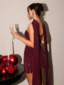 SHEIN Glamour 女士性感派对晚宴金属光泽网纱褶皱胸部抹胸连衣裙配颈巾 - 酒紅色 - 查看 2