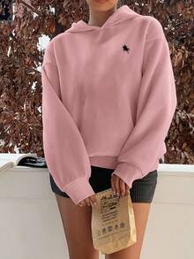 SHEIN Leap Crew Sudadera con capucha con bordado de caballo para niña preadolescente en otoño/invierno - Rosa - Ver 4