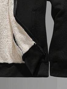 Manfinity Homme 男士秋冬拉链连帽夹克，黑色保暖连帽外套，英文图案印花，休闲街头风外套，冬季男士保暖夹克，黑色连帽拉链外套，复古风格，适合日常休闲、周末旅行、户外活动、探险旅行、轻松的工作环境或半正式场合，可作为男友/丈夫礼物、周年纪念/生日礼物、派对礼物、圣诞节礼物、新年礼物。 - 黑色 - 查看 6