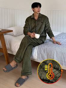 DAZY Men's Thermal Lined Letter Embroidered Shirt & Military Green Pajama Set, Autumn/Winter - Green - View 1