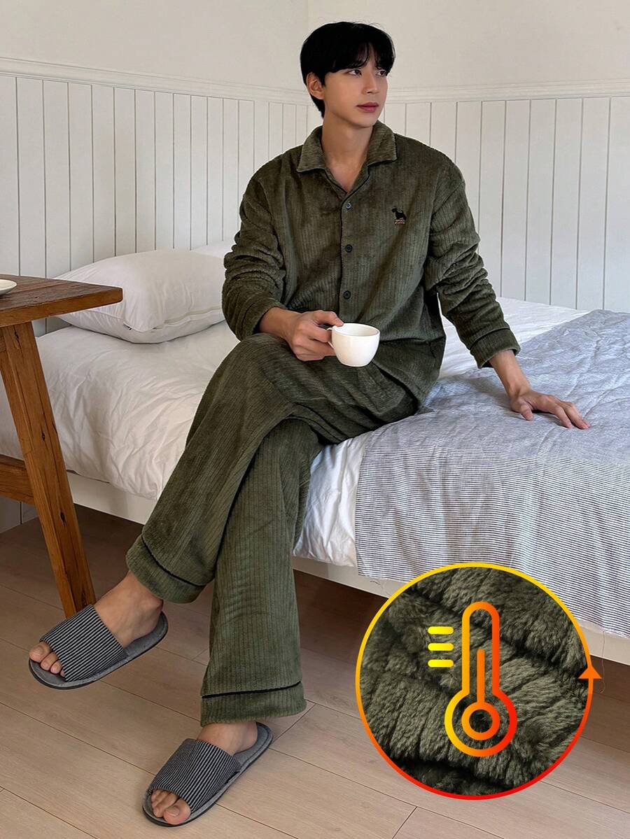 DAZY Men's Thermal Lined Letter Embroidered Shirt & Military Green Pajama Set, Autumn/Winter - Green - View 1