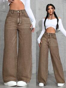 SHEIN ICON Women's Casual Everyday Washed Slant Pocket Loose Fit Denim Jeans - Brown - View 6